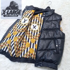 【1円】 XLARGE エクストララージ レザー 革 ダウンベスト ジャケット 総柄 スカーフ柄 メンズ レディース 黒 マルチカラー M【美品】