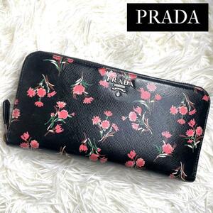 美品 入手困難 / PRADA プラダ フラワープリントジッピーウォレット 長財布 サフィアーノレザー ブラック ピンク 花柄 1ML506