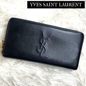 極美品 / YVES SAINT LAURENT YSL イヴサンローラン ステッチカサンドラジッピーウォレット 長財布 レザー ブラック 352904