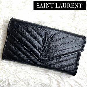 極美品 入手困難 / YSL SAINT LAURENT サンローラン マトラッセラージフラップウォレット 二つ折り長財布 レザー ブラック 372264