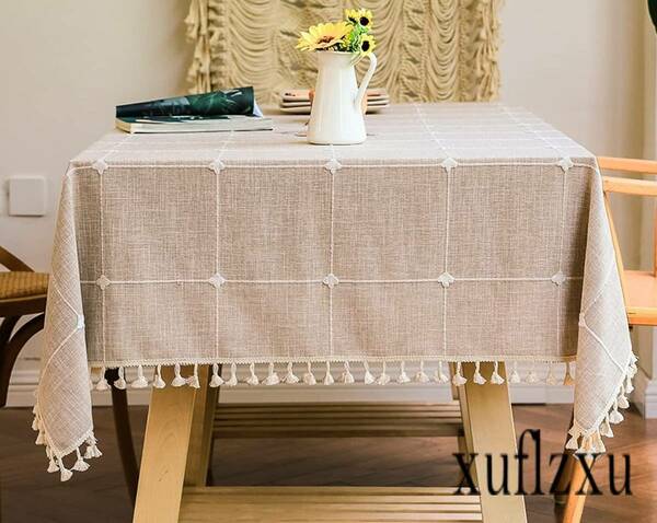 明るい雰囲気　テーブルクロス140×220 テーブルカバー 長方形 格子柄 食卓カバー 撥水 汚れ防止 麻 北欧