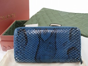 1円　美品　グッチ　GUCCI　パイソン　ラウンドジップ　長財布　ロングウォレット　★　ダークブルー　レザー　★　立派な箱付き　6185