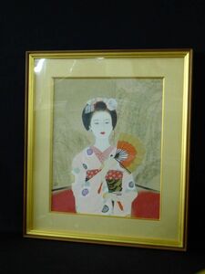 N691 美品 高木義夫 『舞』 額装品12号 内側60x50.5cm 日本画 天然木製枠 壁飾り 壁掛け インテリア/200