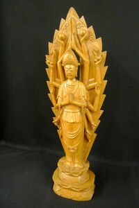 N727 木彫仏像 千手観音菩薩立像 蓮華座 子年生まれ守護本尊 風水 開運 仏教美術 置物 高さ約53.7cm /100