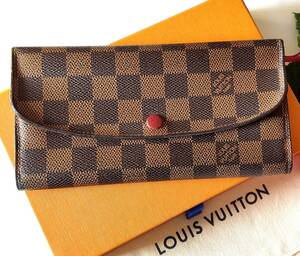 ★美品★LOUIS VUITTON ルイヴィトン 長財布 N63019 ポルト・フォイユ・エミリー ダミエ・エベヌ ブラウン レッド/赤 レディース