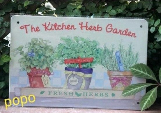 ブリキ看板 プレート tin Kitchen HerbGarden３鉢◆ガーデニング雑貨