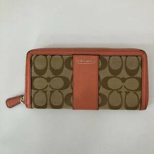 【TN0209】コーチ COACH 長財布 レディース 女性用 ファッション 小物 ピンク レザー？ ラウンドファスナー キャンバス シグネチャー