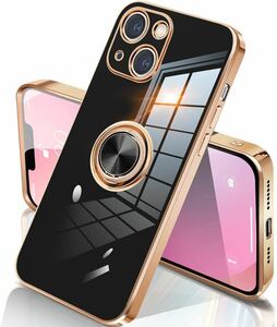 送料無料 iPhone13 mini ケース リング付き アイフォン13 カバー メッキ加工 スタンド機能 耐衝撃 TPU 360°回転 車載ホルダー ブラック