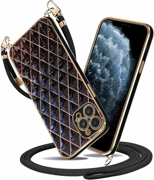 送料無料 iPhone 11 pro max ケース ネック ショルダー 耐衝撃 ストラップ付 クロスボディ 多目的キャリー ファッションデザイン ブラック