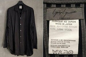 希少♪Yohji Yamamoto POUR HOMME 丸文字 入手困難 レア 紺 ストライプ柄 80’s90’sレーヨンウール長袖シャツロングビンテージアーカイブ