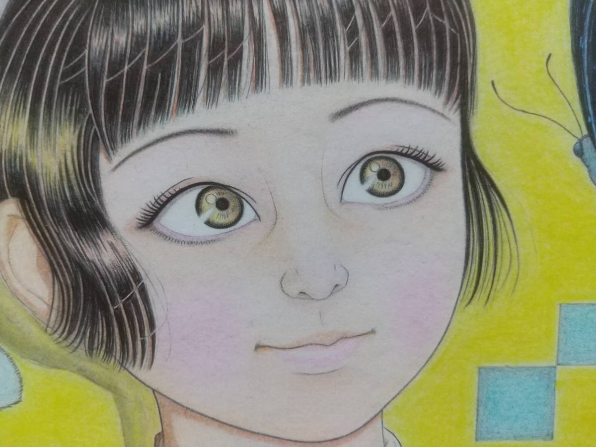 오리지널 손으로 쓴 아날로그 일러스트 나비와 소녀 색종이 무료 배송, 만화, 애니메이션 상품, 손으로 그린 그림