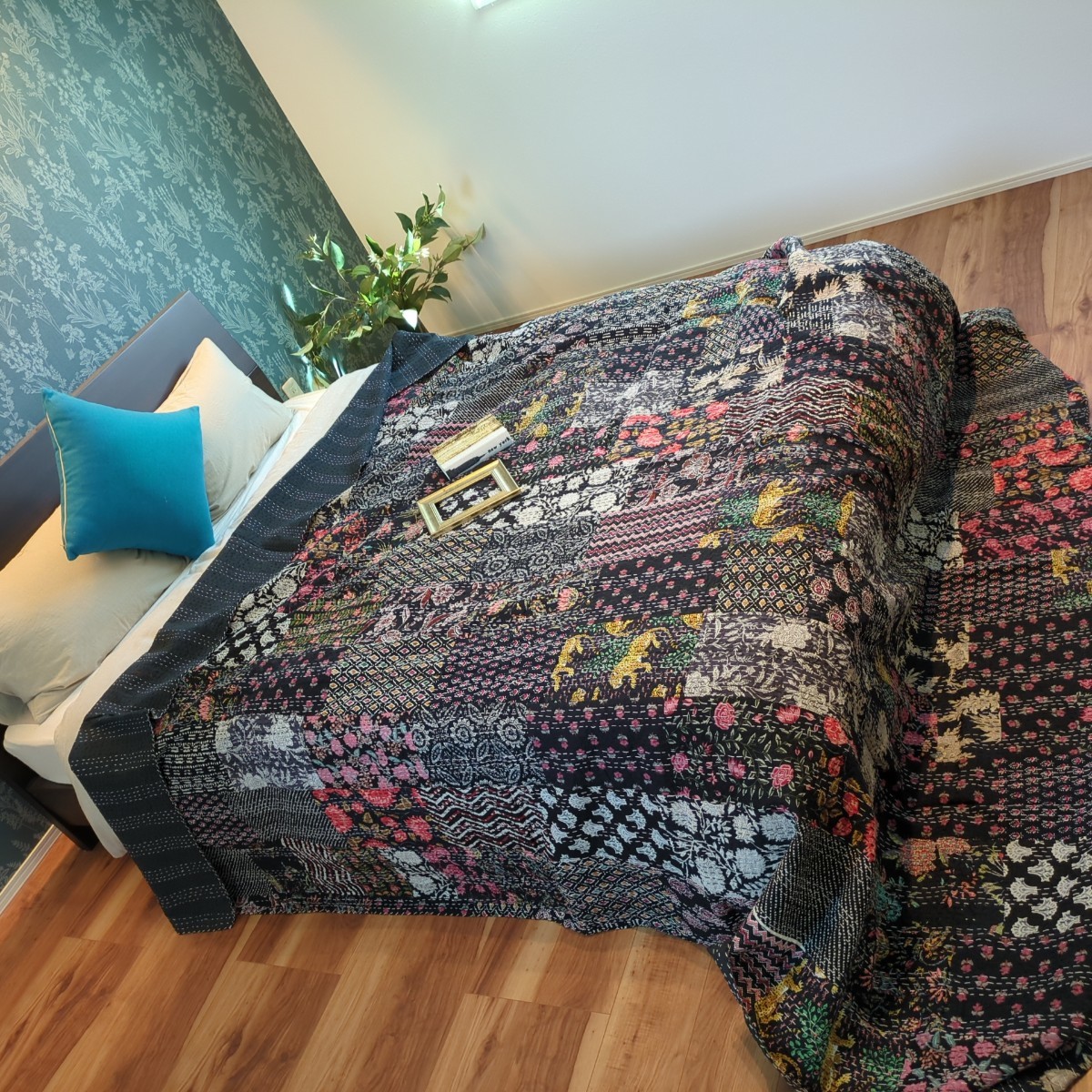 78 대형 칸타 퀼트 수제 블록 프린트 침대보 소파 커버 우아한 멀티 커버 패치워크 블랙, 수제 작품, 침구, 침대 덮개, 시트