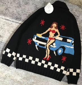 新品未使用タグ付き 最高のビキニガール 23AW ★ HYSTERIC GLAMOUR ★ クラシックカー アメ車 旧車 カウチン ニット ジャケット セーター L