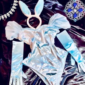  super tekateka satin .... bunny girl set * lustre large size Leotard body suit cosplay *L size blue 