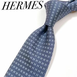 1円スタート エルメスHERMES ネクタイ ハイブランド H柄 ファソネ ロゴグラム ネイビー 光沢 