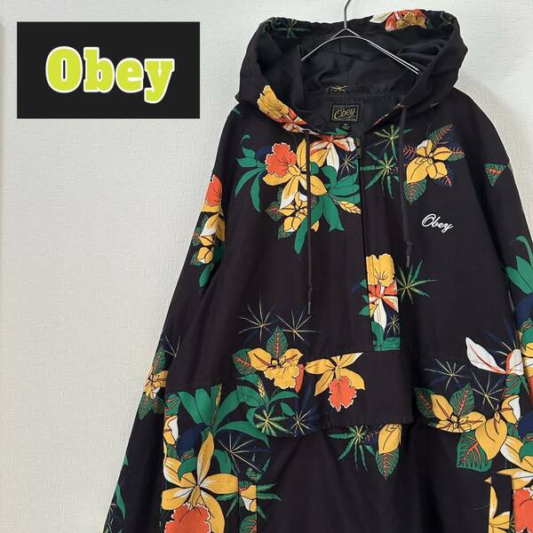 Obey オベイ　ハーフジップパーカー　アウター　M 花柄　ハイビスカス　ブラック　ナイロン系