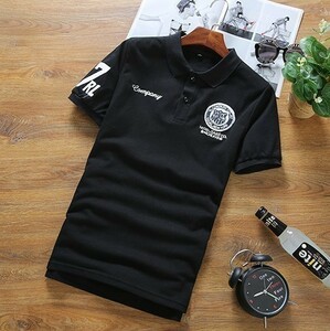 【L 黒】 刺繍 半袖 ポロシャツ メンズ ブラック ゴルフウェア シャツ シンプル カジュアル 春 夏 3