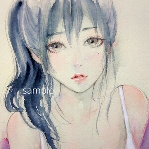 絵画　肉筆原画　手描きイラスト　美人画　オリジナル　水彩画　ドローイング　A4　@mucica