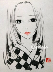 Art hand Auction 肉筆原画 水墨画 墨絵 墨彩画 絵画 和装 和服 美人画 ドローイング drawing 手描きイラスト オリジナル 日本画 @mucica, 美術品, 絵画, 人物画