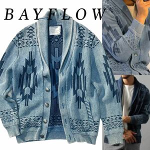 【BAYFLOW】潮感たっぷりなフェイドニットカーディガン◎!!ベイフロー ネイティブ柄インディゴニッカーディガン ショールカラーニット