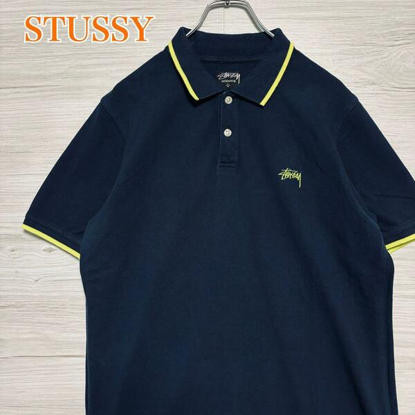 【希少デザイン】STUSSY ステューシー　ポロシャツ　Lサイズ　リンガー　ワンポイント刺繍ロゴ　ストリート　即完売　ゆったり 一点物