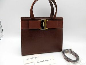 ◆Salvatore Ferragamo サルヴァトーレフェラガモ ヴァラリボン 2way ハンドバッグ ショルダー レザー 型押し ブラウン 茶色 長期保管 中古