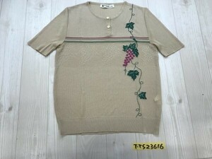 PINO-RE レディース ブドウ刺繍 切替 透けあり とろみ ニットソー 9 ベージュ紫緑