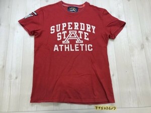 SUPER DRY メンズ かすれロゴプリント ワッペン付き 半袖Tシャツ 大きいサイズ XL 赤