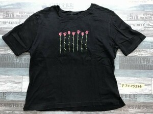 レディース 日本製 フラワープリント 半袖Tシャツ 黒