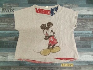 DISNEY ディズニー レディース バックUSA国旗風 ミッキーかすれプリント 半袖Tシャツ M グレー