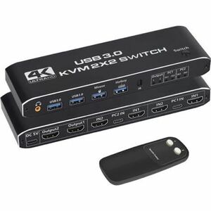 HDMI KVMスイッチ 2x2 切替器 KVMイッチ 2入力2出力 HDMI USB 3.0 4K 60Hz 4 USB KVMポート 2台のモニターで2台共有 リモコン付き