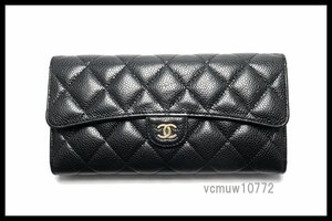 近年モデル希少美中古■CHANEL 22番台 キャビアスキン マトラッセ レザー 2つ折り長財布 シャネル■0201ko488551