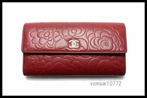 希少美中古■CHANEL 18番台 カメリア SV金具 レザー 2つ折り長財布 シャネル■0201au27738