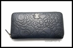 希少美中古■CHANEL 16番台 カメリア SV金具 レザー ラウンドファスナー 長財布 シャネル■0201bf1305-10K