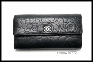 希少美中古■CHANEL 16番台 カメリア SV金具 レザー 2つ折り長財布 シャネル■0222zu1304-5K