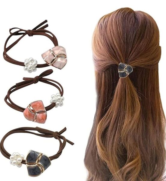 レディース ヘアゴム ヘアアクセサリー、マーブルモチーフ、3ピースセット