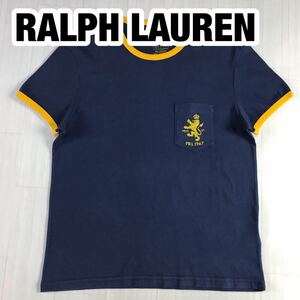 POLO RALPH LAUREN ポロ ラルフローレン コットンTシャツ 半袖 プリントTシャツ M ネイビー×イエロー ポケット ワンポイント