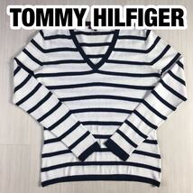 TOMMY HILFIGER トミー ヒルフィガー 長袖ニット セーター S ボーダー柄 ホワイト×ネイビー Vネック 刺繍ロゴ_画像1