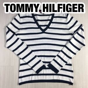 TOMMY HILFIGER トミー ヒルフィガー 長袖ニット セーター S ボーダー柄 ホワイト×ネイビー Vネック 刺繍ロゴ