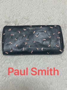 【良品】Paul Smith 長財布 ラウンドファスナー レディース 花柄 黒 ブラック