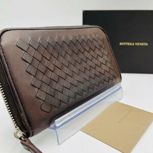 1円《稀少》BOTTEGA VENETA ボッテガヴェネタ イントレチャート 編み込み レザー 長財布 ラウンド ジッピーウォレット 茶 ブラウン メンズ