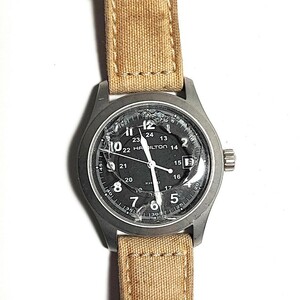 ハミルトン QZ H684810 カーキ デイト ラウンド 黒文字盤 メンズ腕時計 動作ジャンク a324