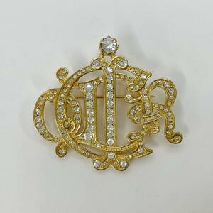 7856 Christian Dior emblem Logo rhinestone brooch Gold 