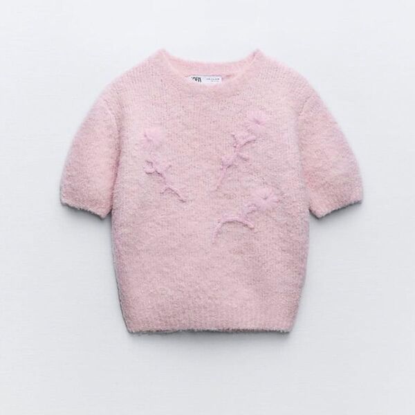 ZARA フラワー 刺繍 モチーフ ニットセーター ピンク S 花 桜 パステルカラー