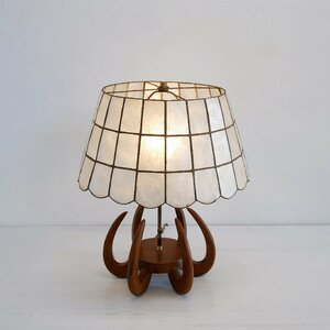1950's-60's ヴィンテージ 貝殻シェード 木製テーブルランプ / ミッドセンチュリー期 カピス貝 シェル アンティーク照明 #506-132-369