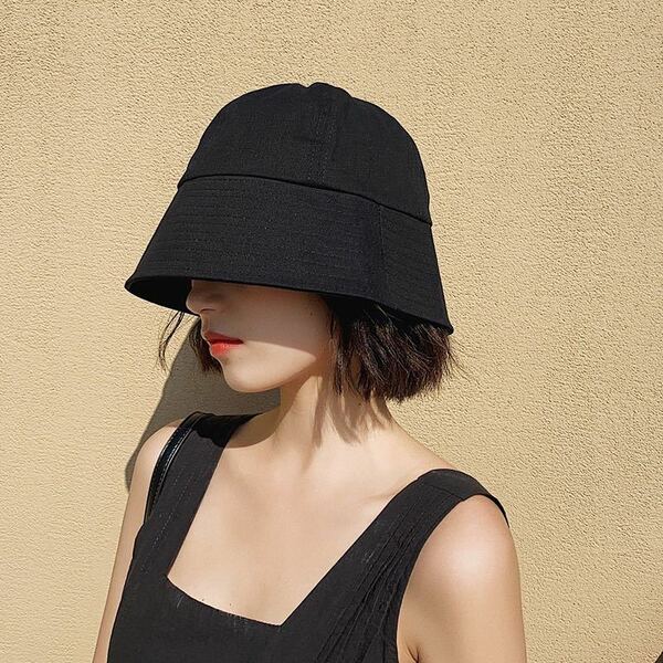 新品未使用 バケットハット 韓国 レディース 帽子 UVカット つば広 小顔効果 黒 ブラック M