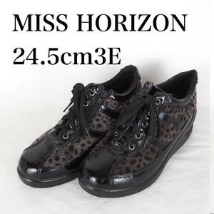 MK4944*MISS HORIZON*ミスホライゾン*レディース厚底スニーカー*24.5cm*3E*エナメル黒・ヒョウ柄