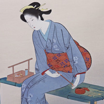 鏑木清方 秋苑 人物画 木版 女性像 美人画 弟子:伊東深水 巨匠 煙草 浮世絵 秋草 額装 箱付き 日本画 版画 絵画 真作保証 値下げ交渉可能_画像4