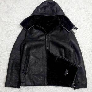 美品 L テットオム 羊革 ムートン ジャケット 黒 フード ボア TETE HOMME ラムレザー シープ ライダース フーディー ブラック フード着脱可