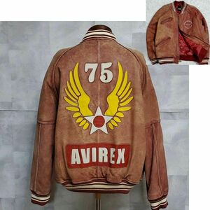 XL Avirex all leather stadium jumper red cotton inside quilting the back side big Logo AVIREX cow leather kau leather original leather blouson outer red 